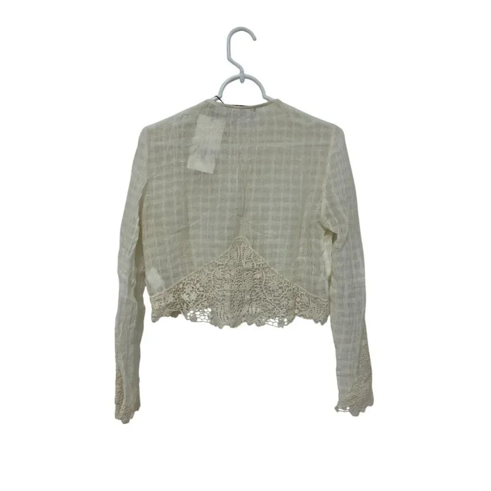 Zara Womens Top M Ivory Crochet Long Sleeve Cropped Blouse Cotton 3440/244 NWT